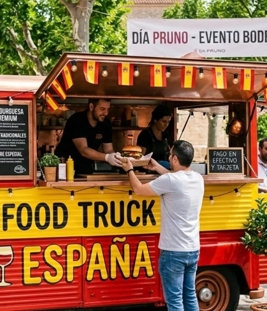 Yellow and red food truck serving a customer